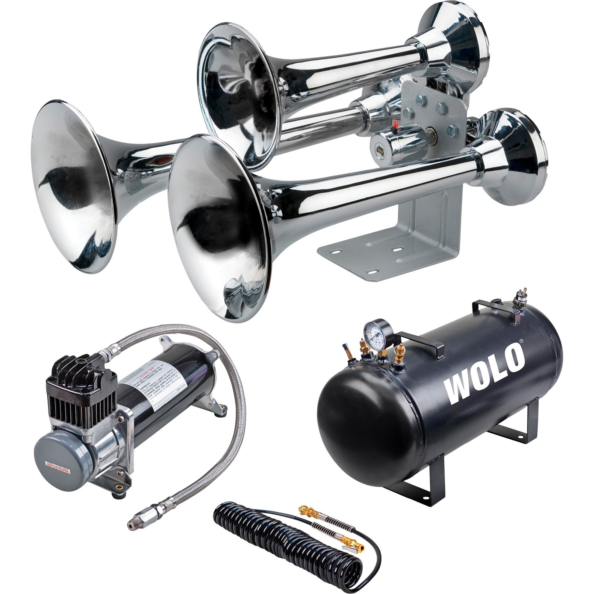 Wolo Siberian Express Chrome Pro Plus Train Air Horn, 3 Trumpets, 5-Gal., 152 dB, Model# 850-860